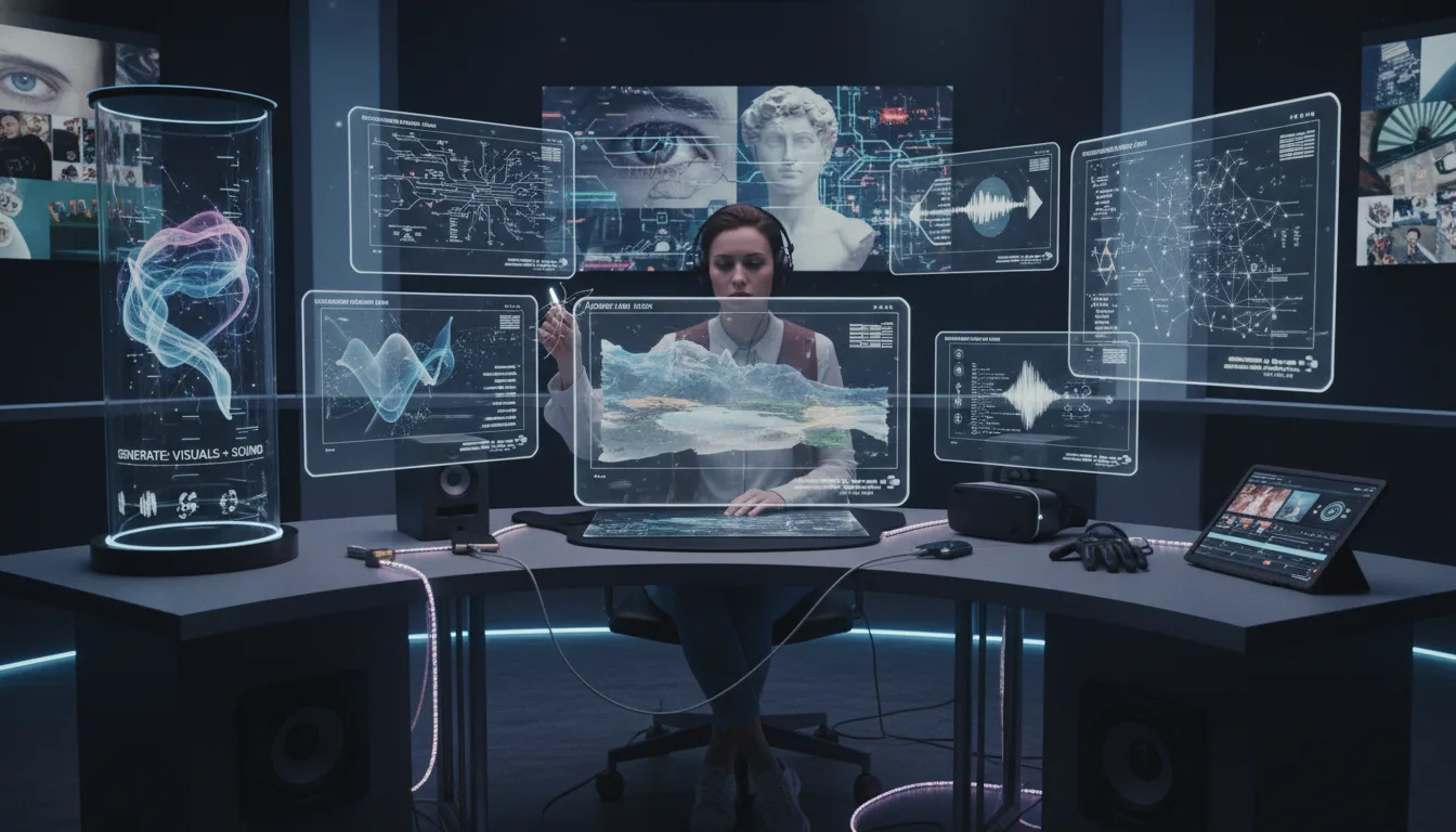 AI-powered content creator producing video, text, and images in a modern workspace