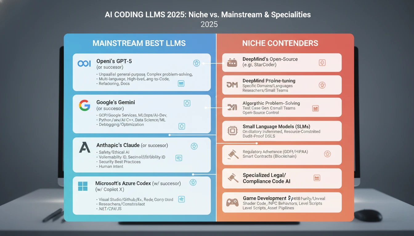Chart displaying niche contenders and mainstream best large language models for coding 2025 with standout specialties per AI model comparison.