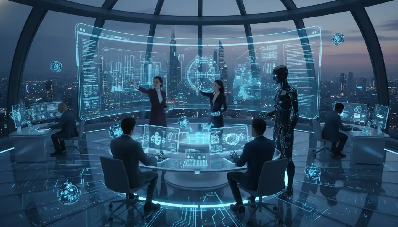 Creative team and generative AI tools working together on multimedia projects