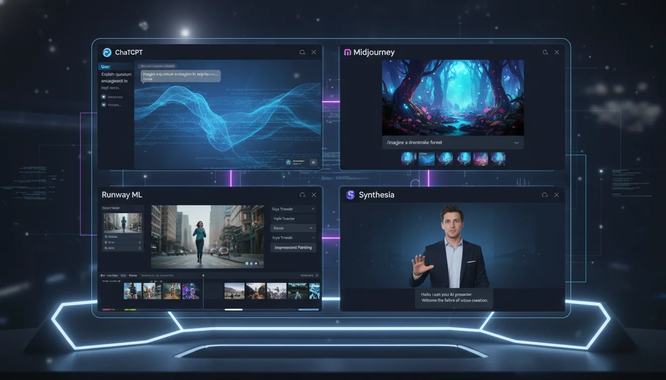 Dashboard screens displaying leading generative AI tools for text and video creation