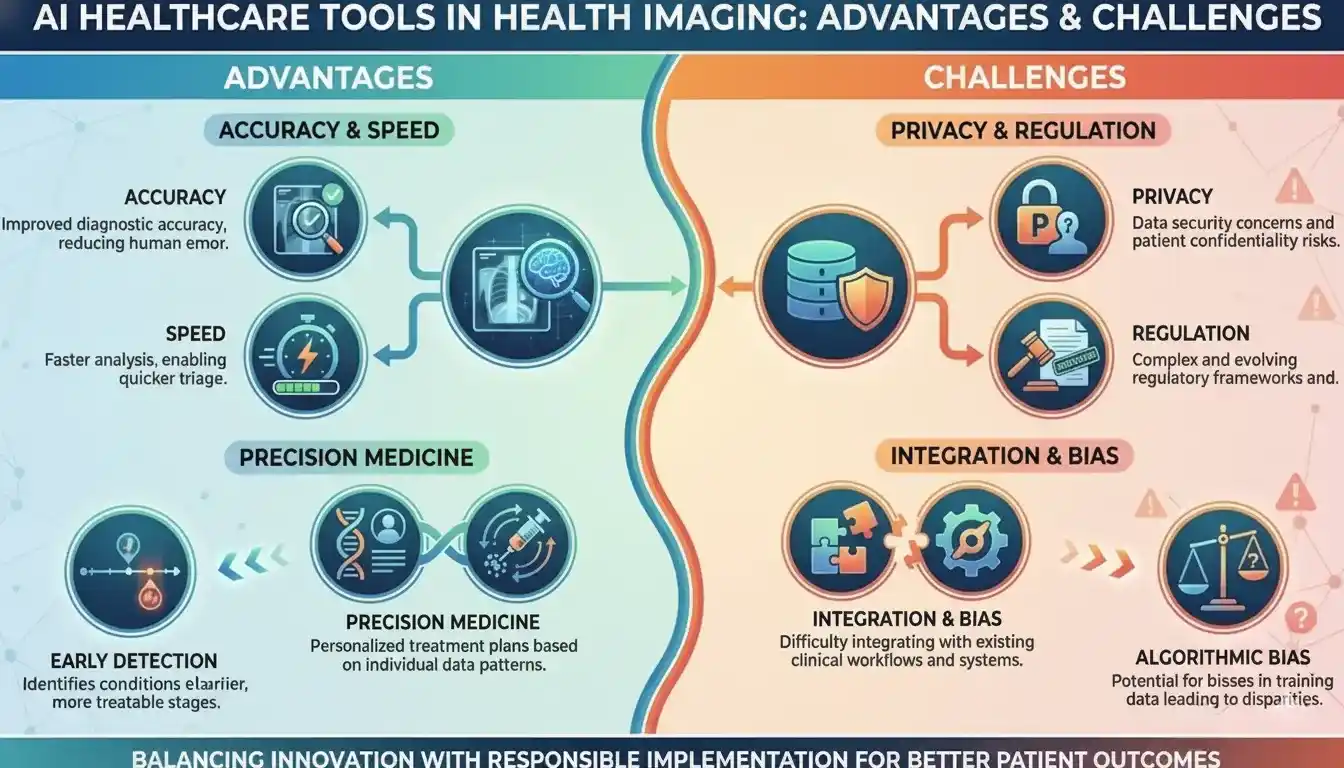 Infographic illustrating top benefits and main barriers of adopting AI healthcare tools in medical imaging technology.