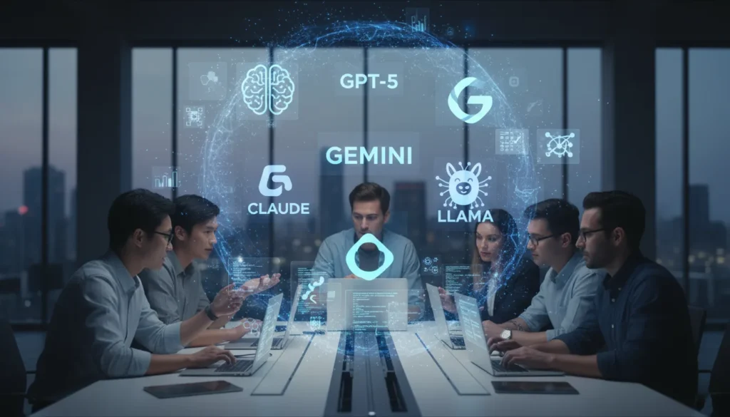 Developers using laptops and discussing software with icons of best large language models for coding 2025 featured in collaboration.