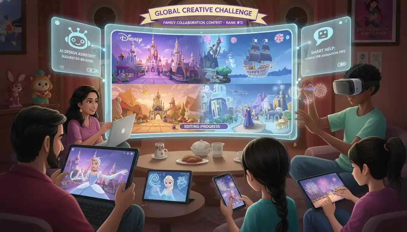 Family collaborating in real time on Disney AI-powered user-generated content and interactive streaming features.