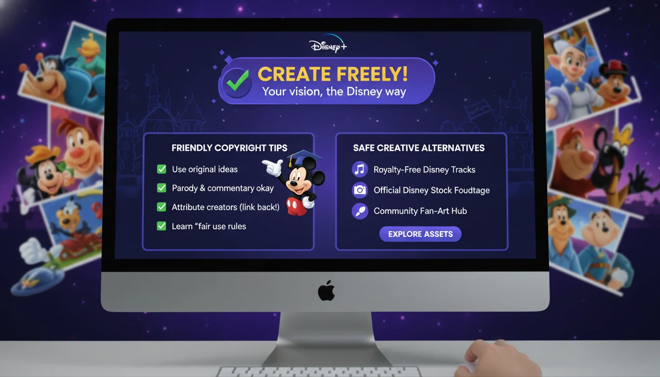 Disney Plus user interface offering friendly copyright tips and safe creative alternatives to content creators.