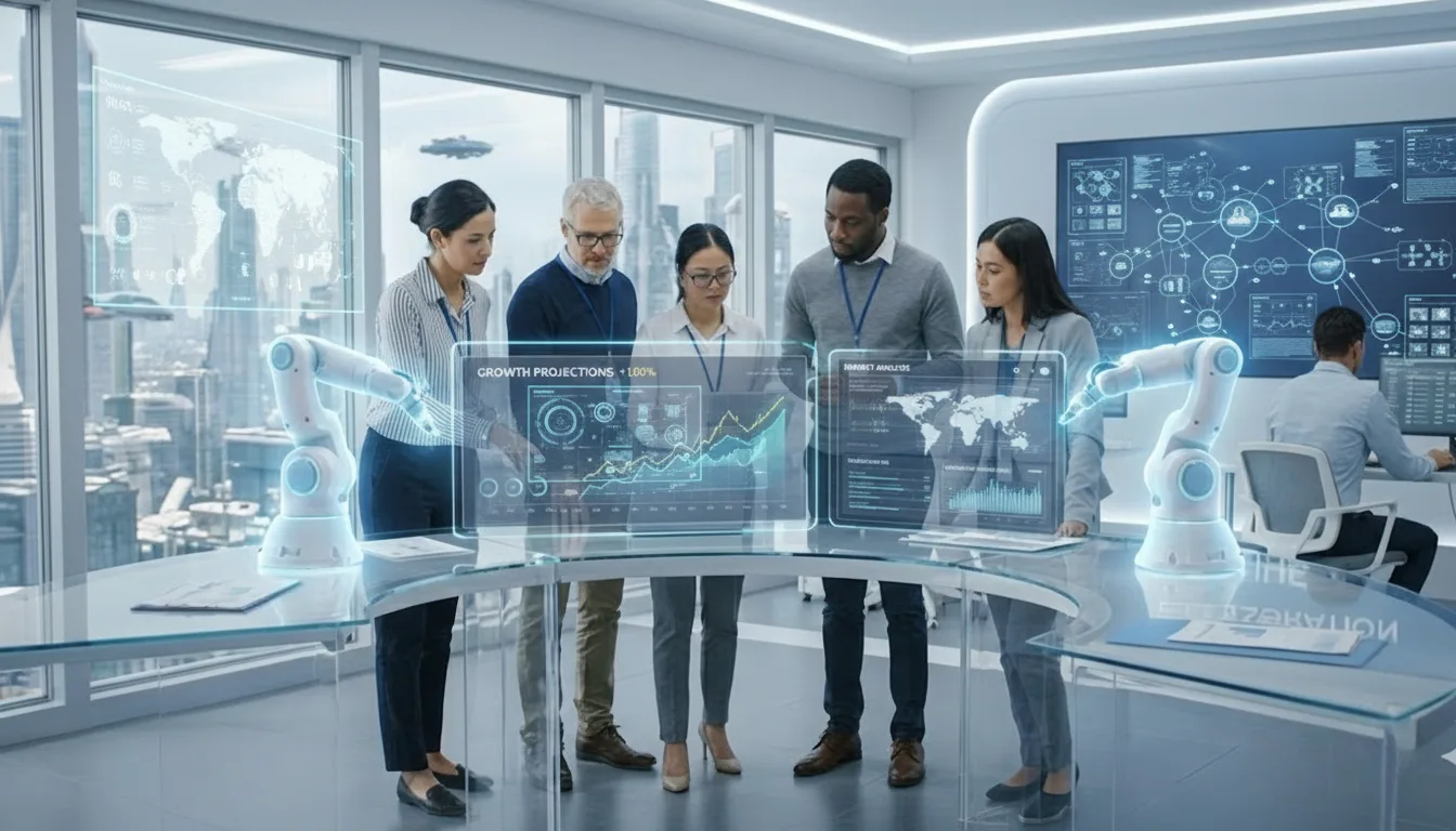 Future-focused AI Marketing environment where human teams collaborate with intelligent assistants to drive data-driven growth.