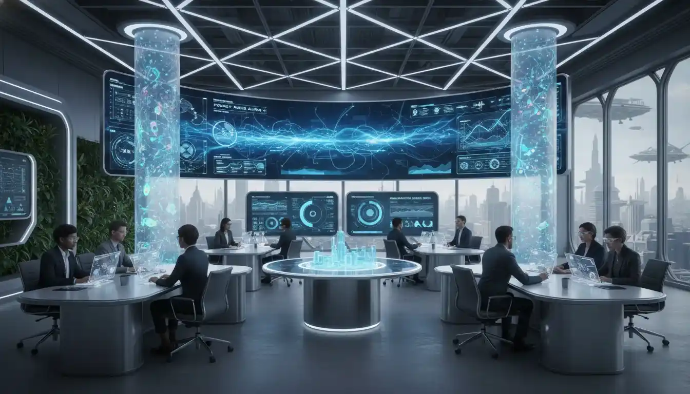 Futuristic, collaborative office showing a diverse team and AI dashboards on large digital screens.