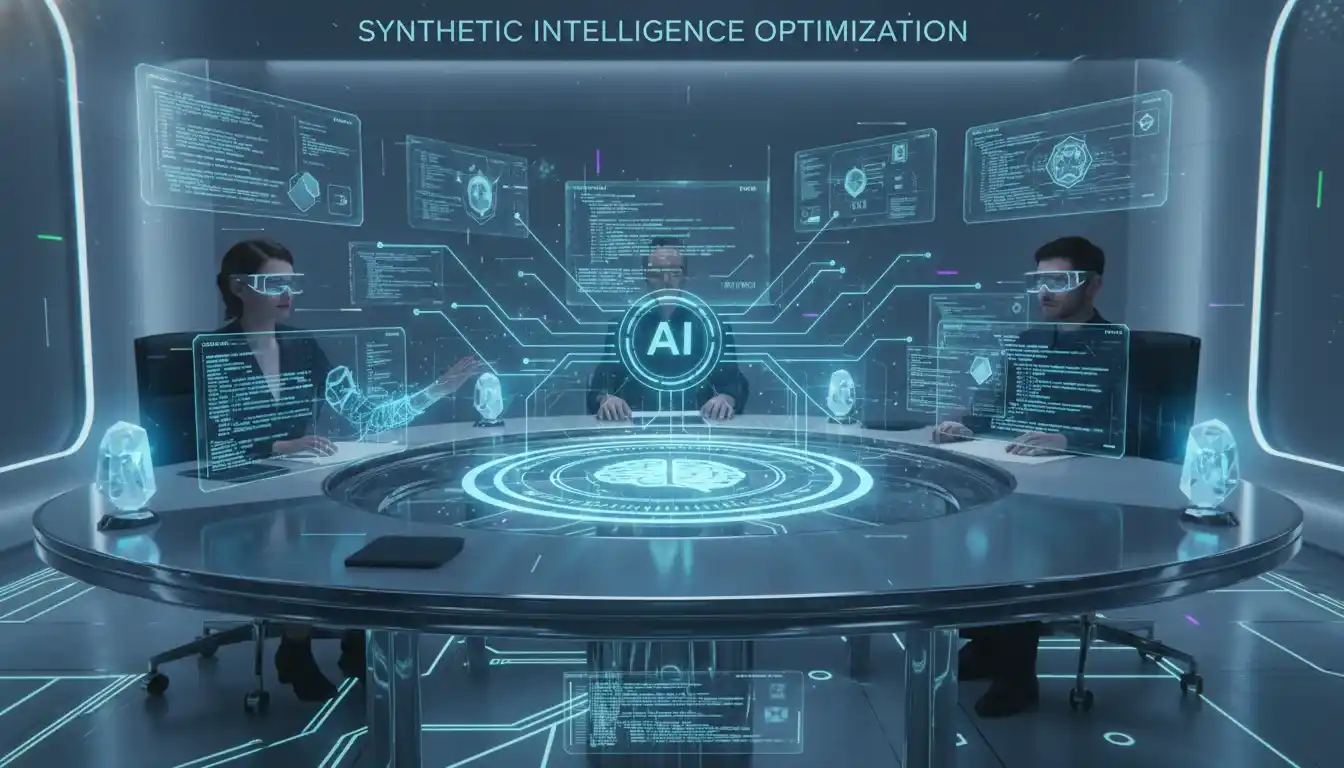 Futuristic graphic of developers coding collaboratively with AI (screens, smart speakers, AR overlays) in a high-tech workspace.
