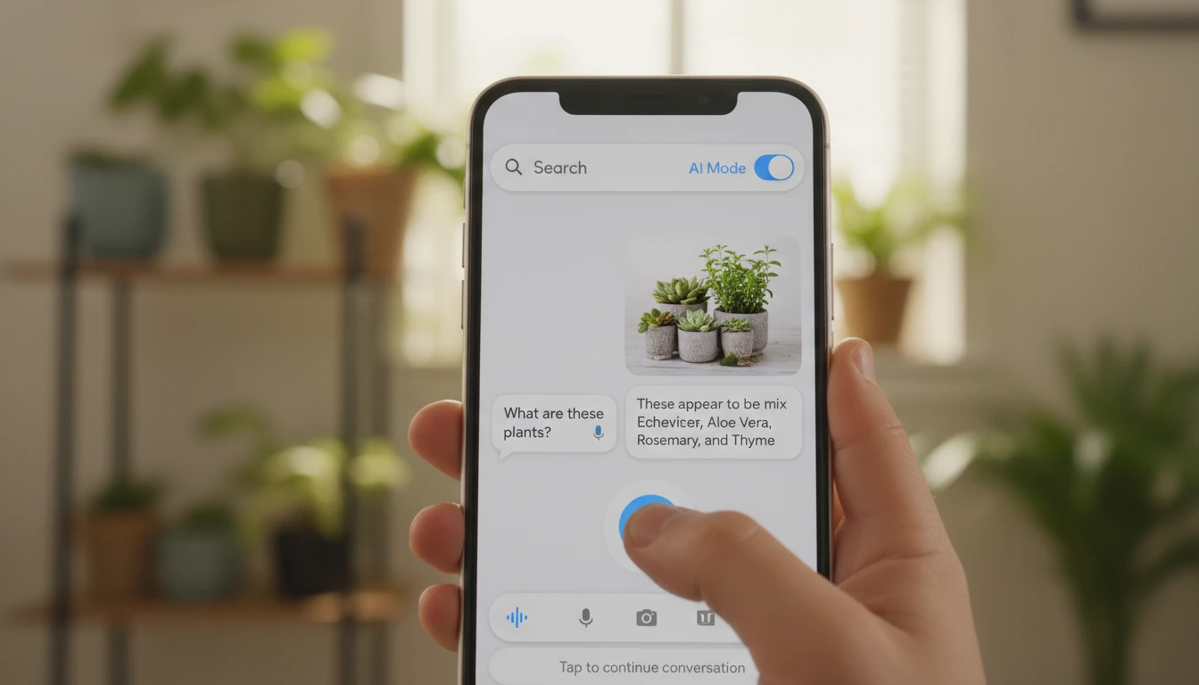 Google AI Mode interface: user accessing search via voice, text, and image, with interactive, helpful responses visible.