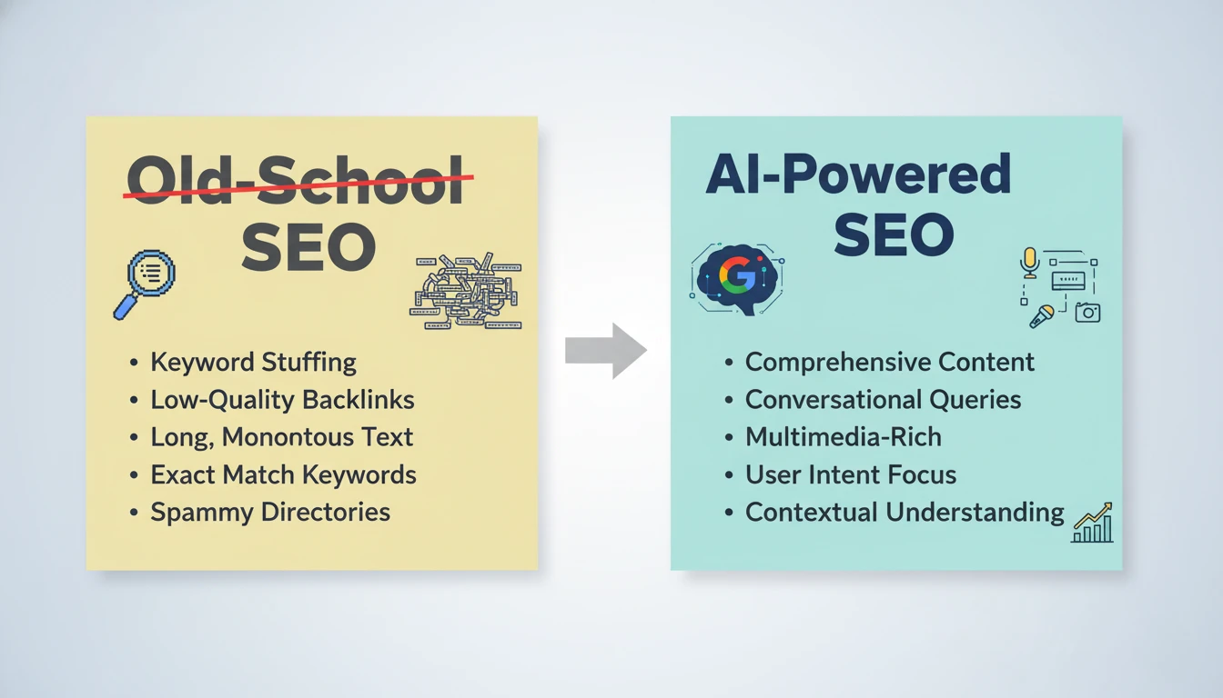 Infographic shows shift from traditional SEO tactics to content strategies optimized for AI-powered Google AI Mode search.