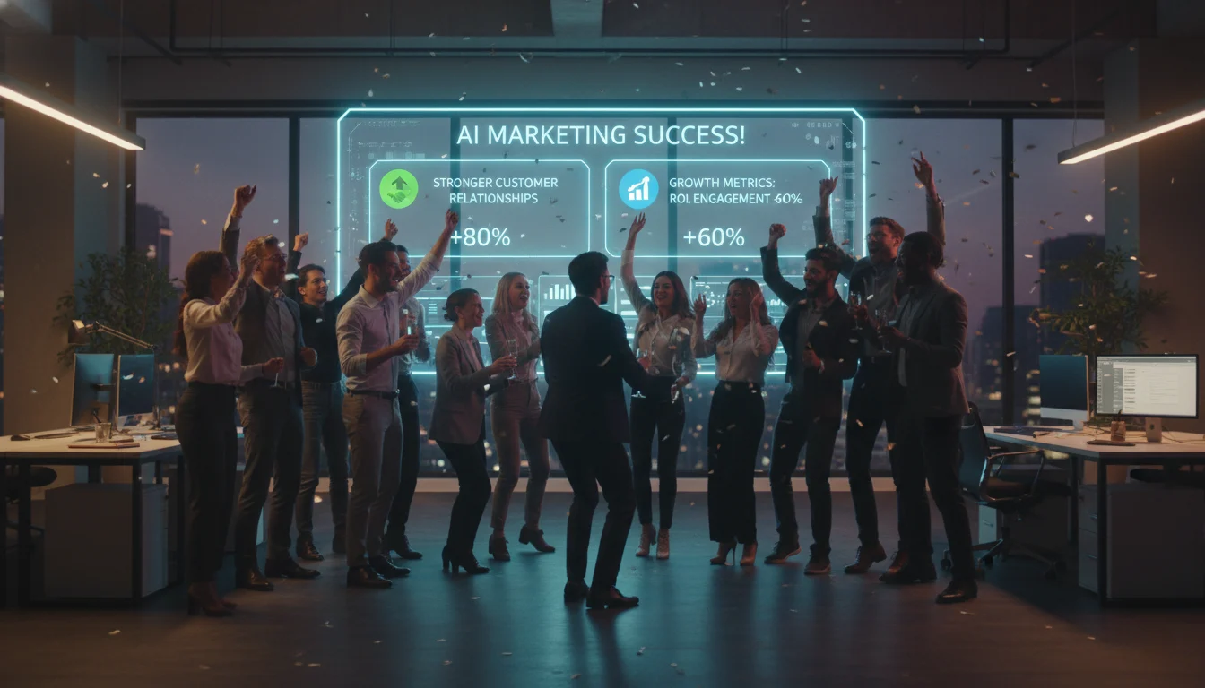 Marketing and analytics teams celebrating successful AI Marketing results and stronger customer relationships.