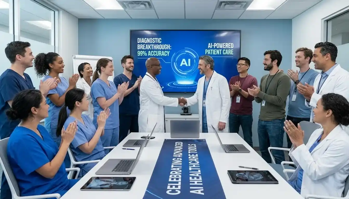 Medical and AI teams celebrating diagnostic breakthroughs thanks to advanced AI healthcare tools for high-quality, human-centered patient care.