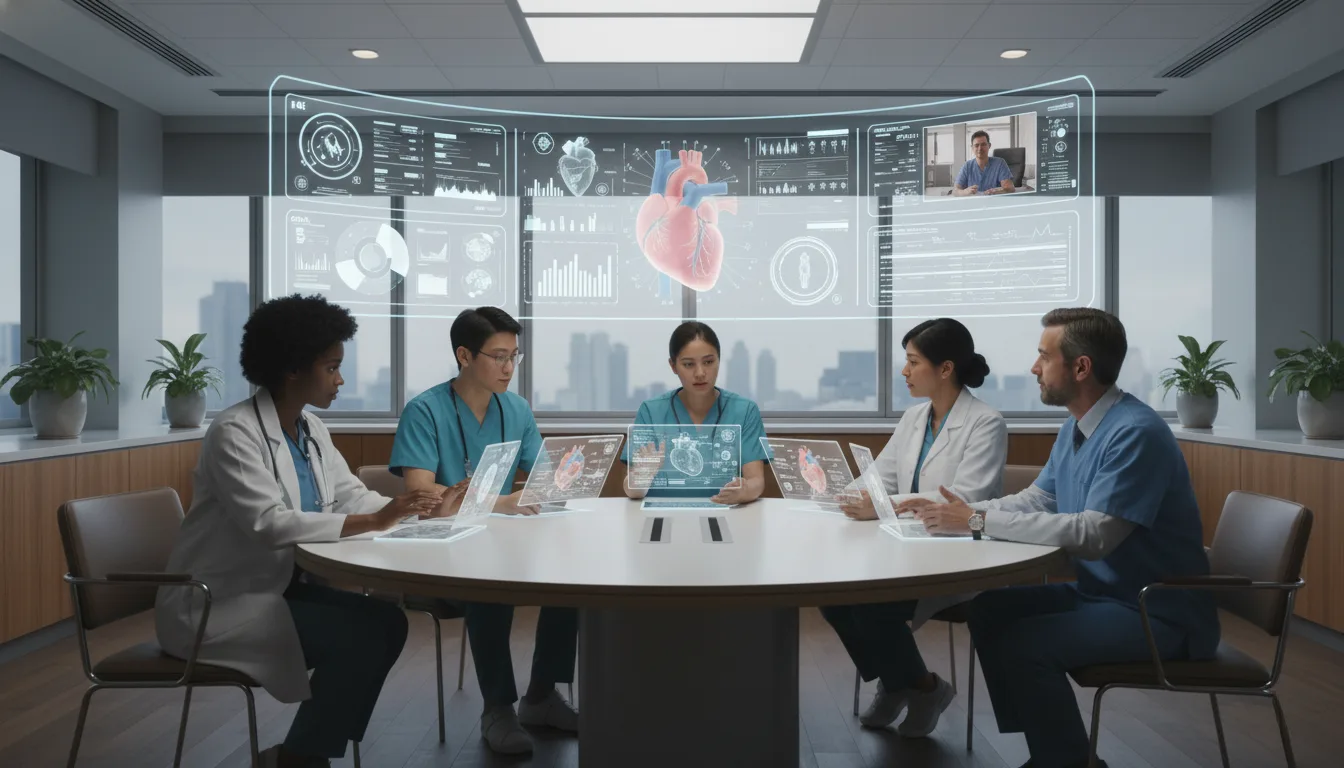 Medical professionals discussing patient cases with the support of AI healthcare tools for coordinated and efficient healthcare delivery.