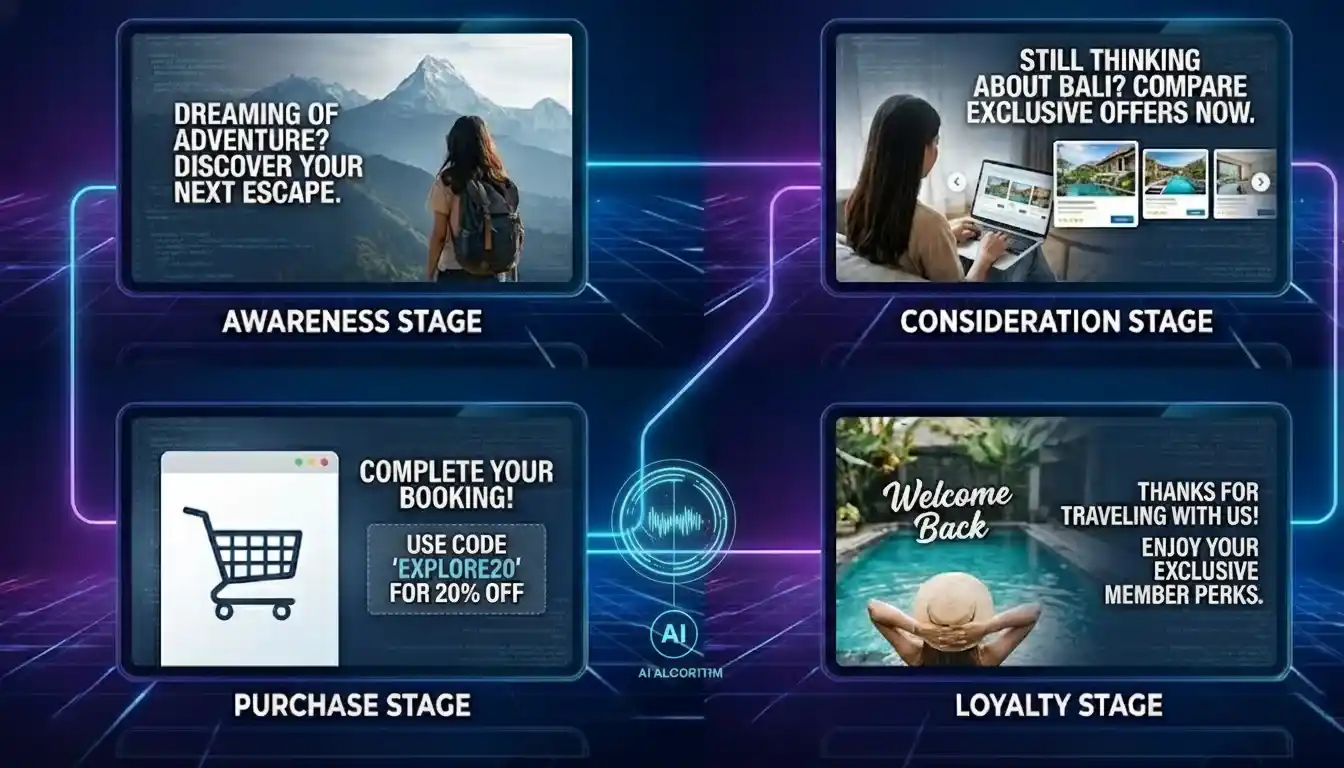 Personalized retargeting creatives generated by AI, adapting messaging and visuals for different customer journey stages.