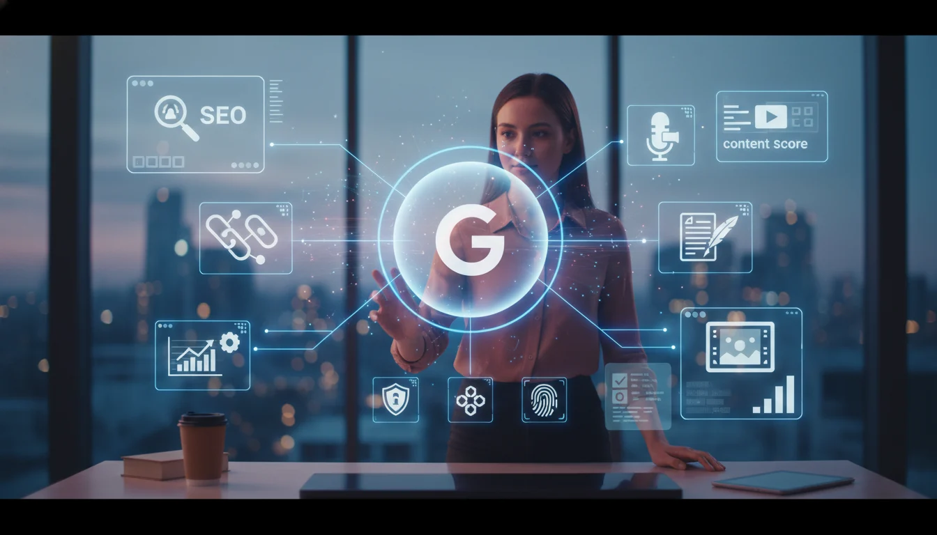 User at center of digital hologram, engaging Google AI Mode for AI-powered SEO, content creation, and secure, personalized search.