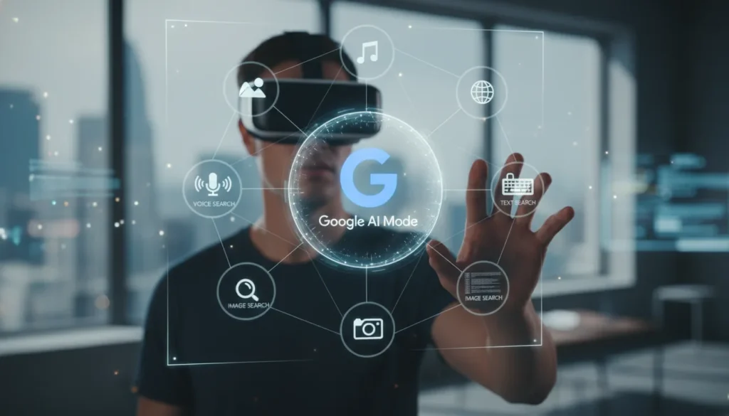User exploring AI-powered search with Google AI Mode, visualized through floating icons, voice, image, and personalized digital results.