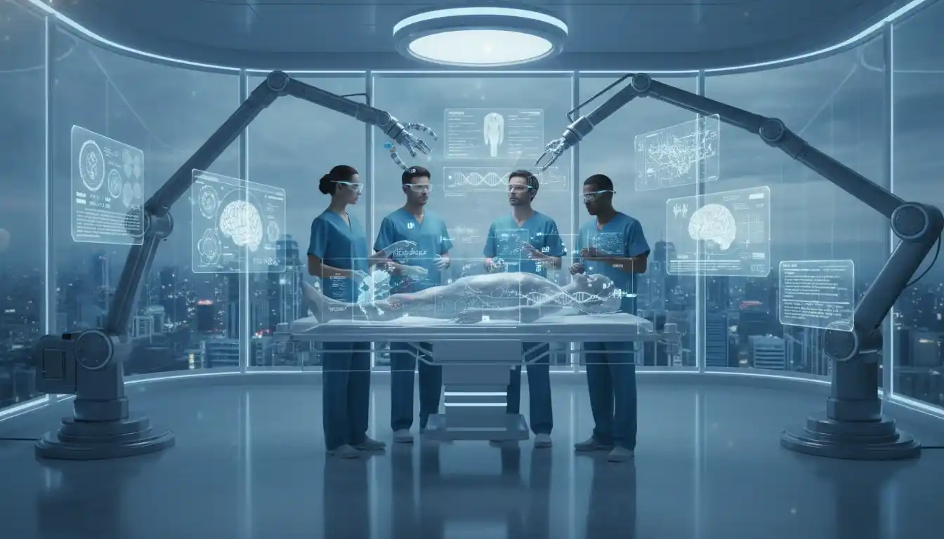 Vision of the future: Healthcare professionals using next-gen AI healthcare tools and augmented reality to interact with advanced medical imaging in a smart hospital.