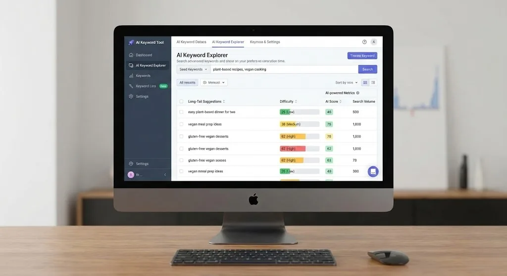 AI keyword research dashboard highlighting how to use ai for keyword research with long-tail opportunities and difficulty scores.
