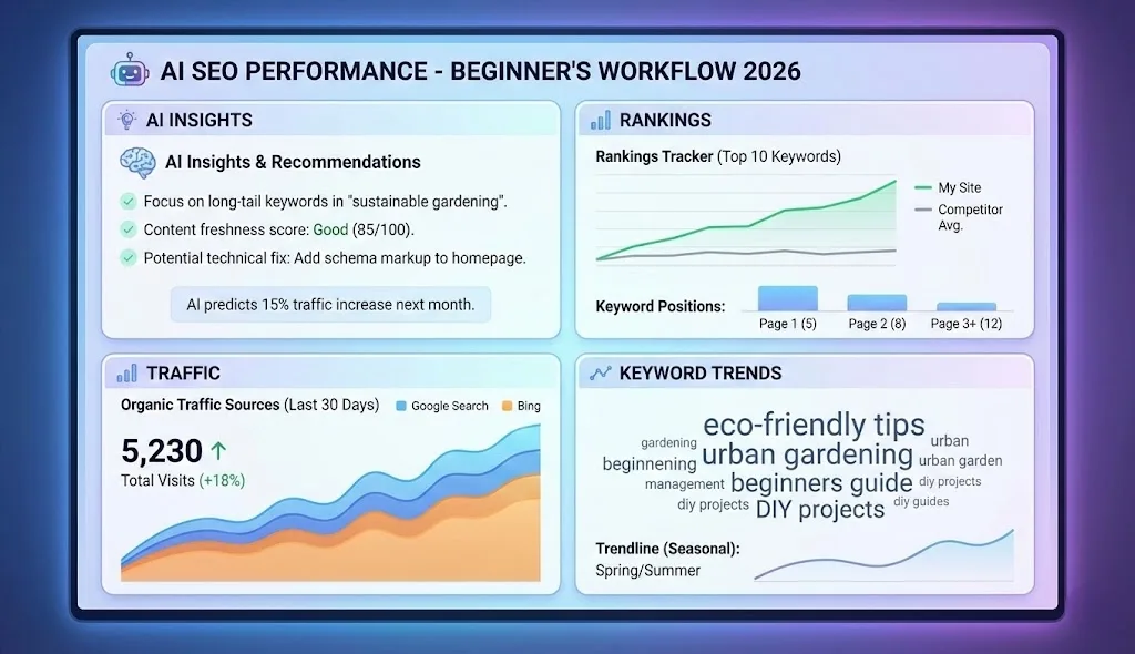 Analytics screen showing performance of an ai seo workflow for beginners 2026 with AI insights on rankings, traffic, and keyword trends.