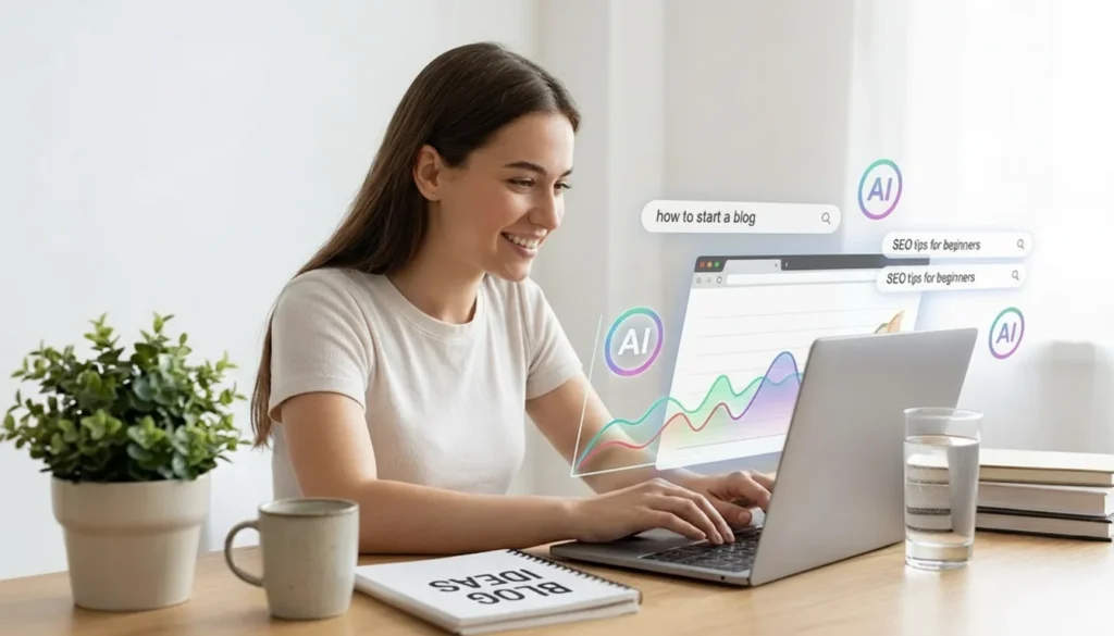 Beginner creator building an ai seo workflow for beginners 2026 with AI tools, keyword charts, and SEO analytics on a laptop screen