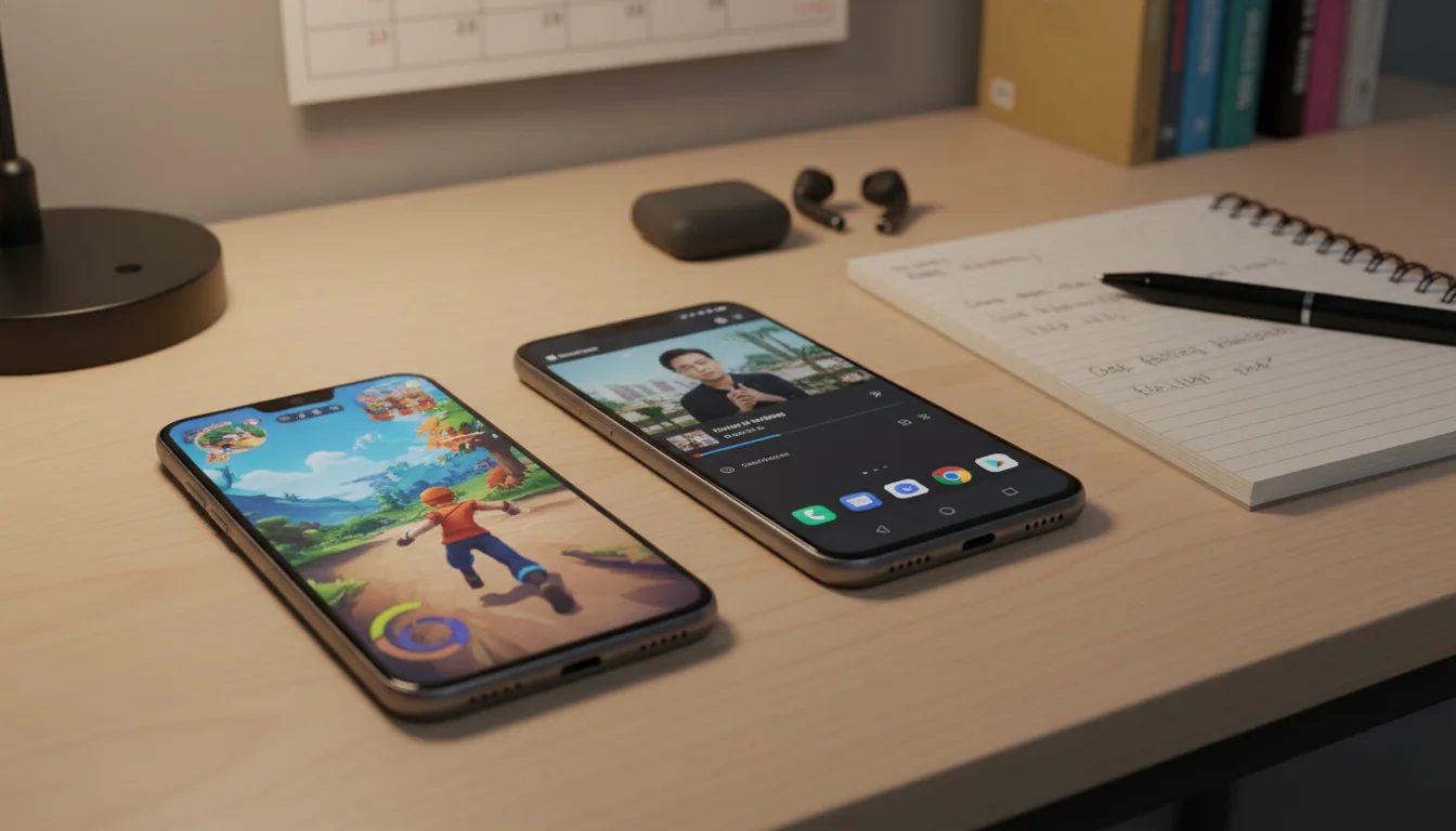 Budget and mid-range upcoming smartphones December 2025 in India placed on a study desk, one running a game and another streaming video.