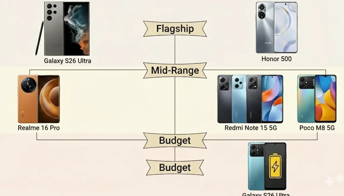 Collage of top picks from new smartphone launches Jan 2026 India grouped by budget, mid‑range and flagship segments.