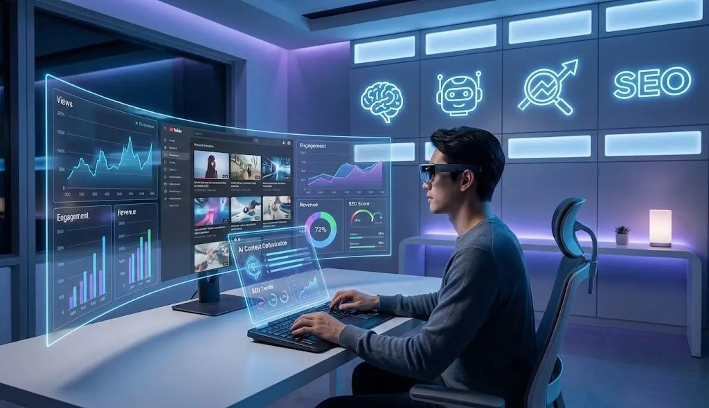 Content creator refining an ai seo workflow for beginners 2026 while reviewing AI-powered SEO analytics and planning future posts.