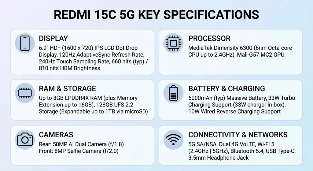 Detailed Redmi 15C 5G specifications and features graphic summarizing key hardware and connectivity options.