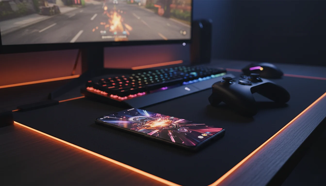 High-performance smartphone from upcoming smartphones December 2025 placed on a gaming desk to showcase power and smooth performance.