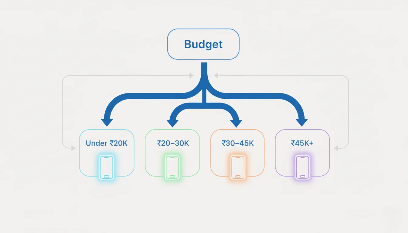 Flowchart buying guide helping users pick the right device from new smartphone launches Jan 2026 India based on budget and priorities.