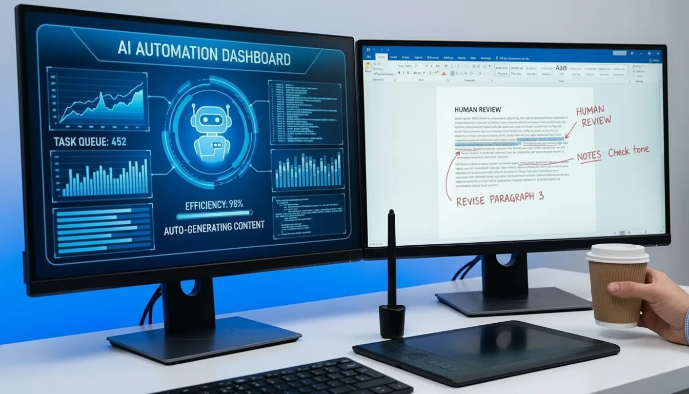 Human editor reviewing AI-automated SEO tasks to keep an ai seo workflow for beginners 2026 human-centric and user-focused.