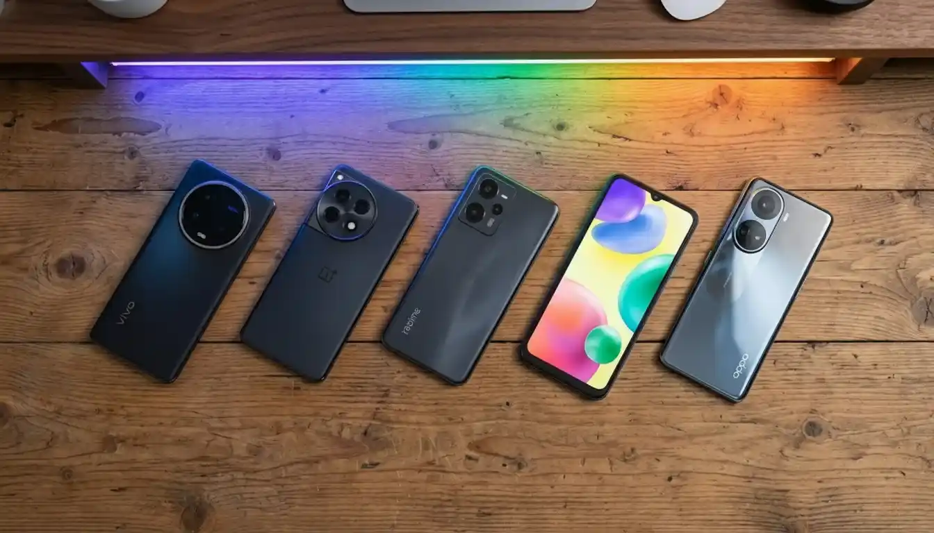 Multiple upcoming smartphones December 2025 from different brands displayed together on a desk showcasing camera modules and slim designs.