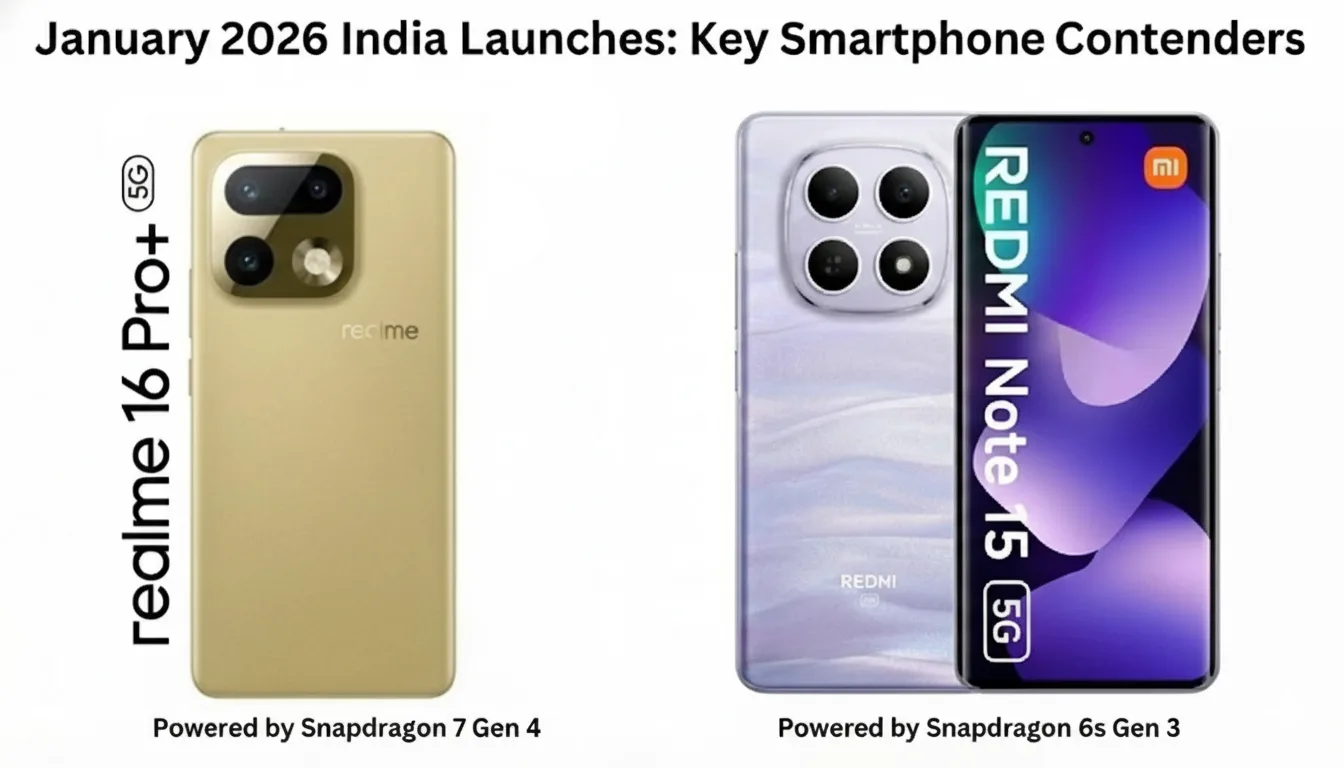 Realme 16 Pro and Redmi Note 15 5G shown side by side as the main new smartphone launches Jan 2026 India.