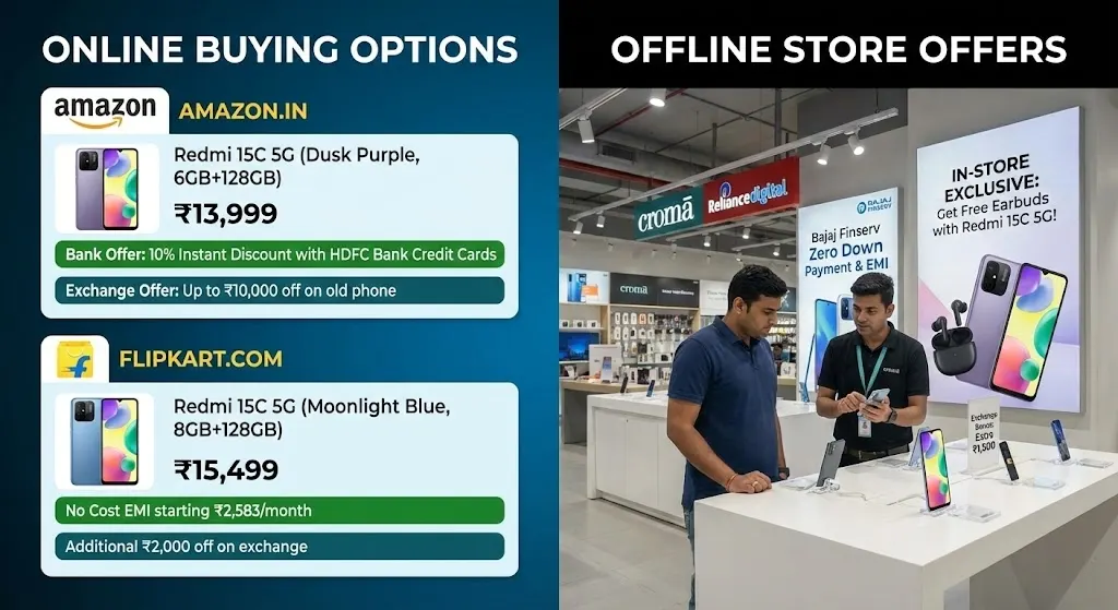 Redmi 15C 5G buying options showing online marketplace deals and offline store offers with bank and exchange benefits.