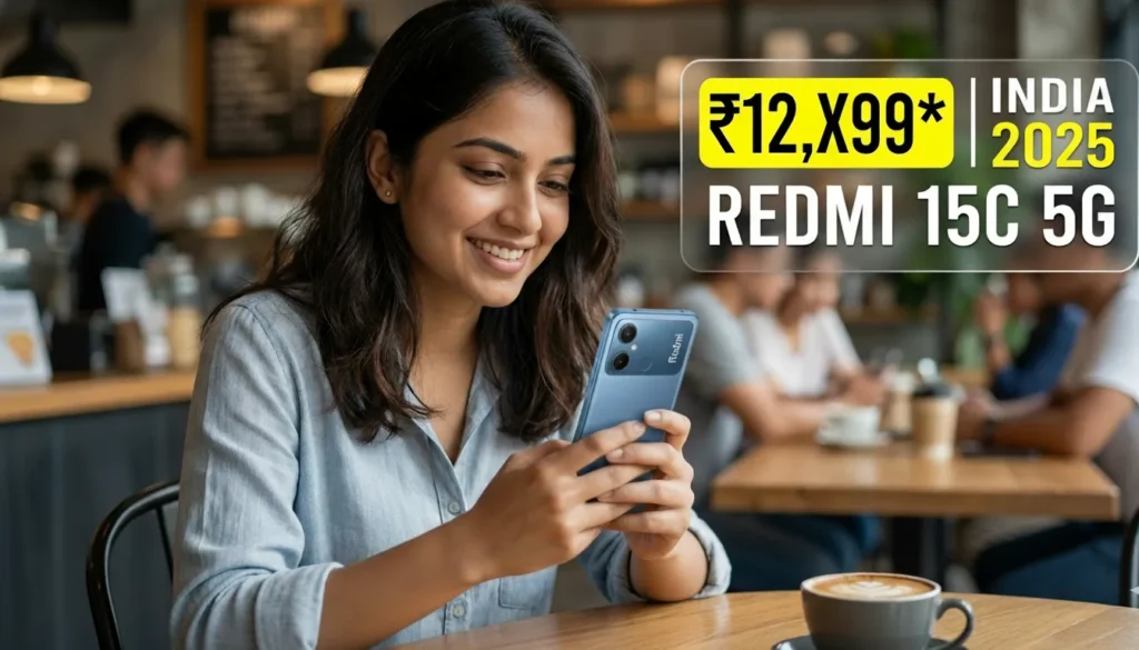 Redmi 15C 5G price in India 2025 highlighted on a lifestyle product shot.