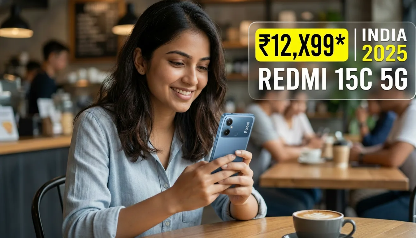 Redmi 15C 5G price in India 2025 highlighted on a lifestyle product shot.