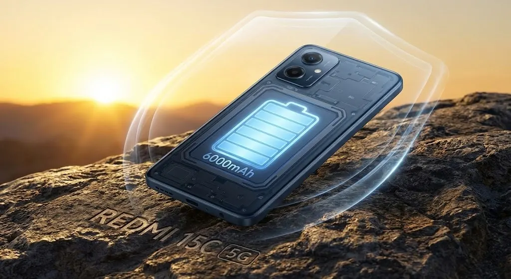 Redmi 15C 5G slim design and large battery visual emphasizing durability and long‑lasting power.