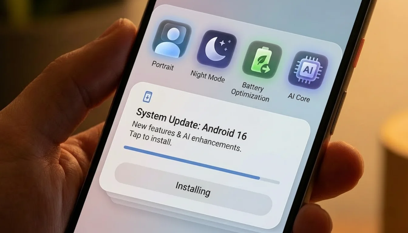 Smartphone screen showing AI camera, battery optimisation and software update icons on new smartphone launches January 2026 in India.