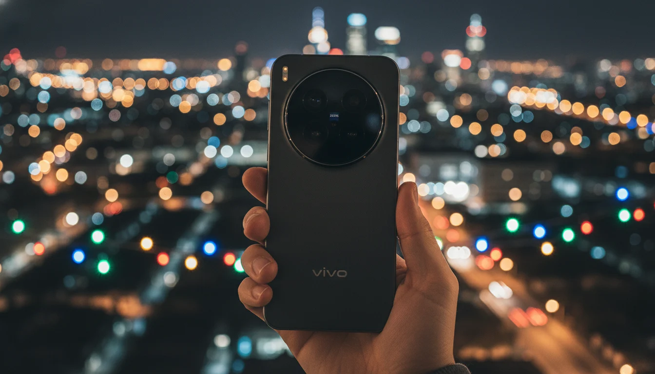 User holding a Vivo-style flagship phone at night capturing city lights, highlighting camera strength among upcoming smartphones December 2025 in India.