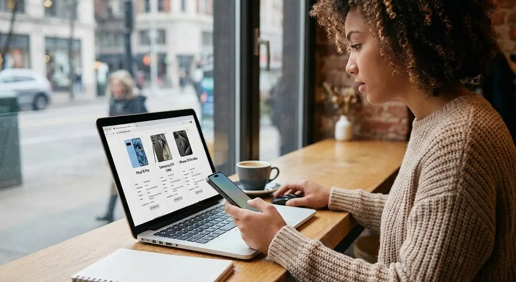 User researching upcoming smartphones December 2025 in India on a laptop while holding a smartphone, representing final buying decisions and comparisons.
