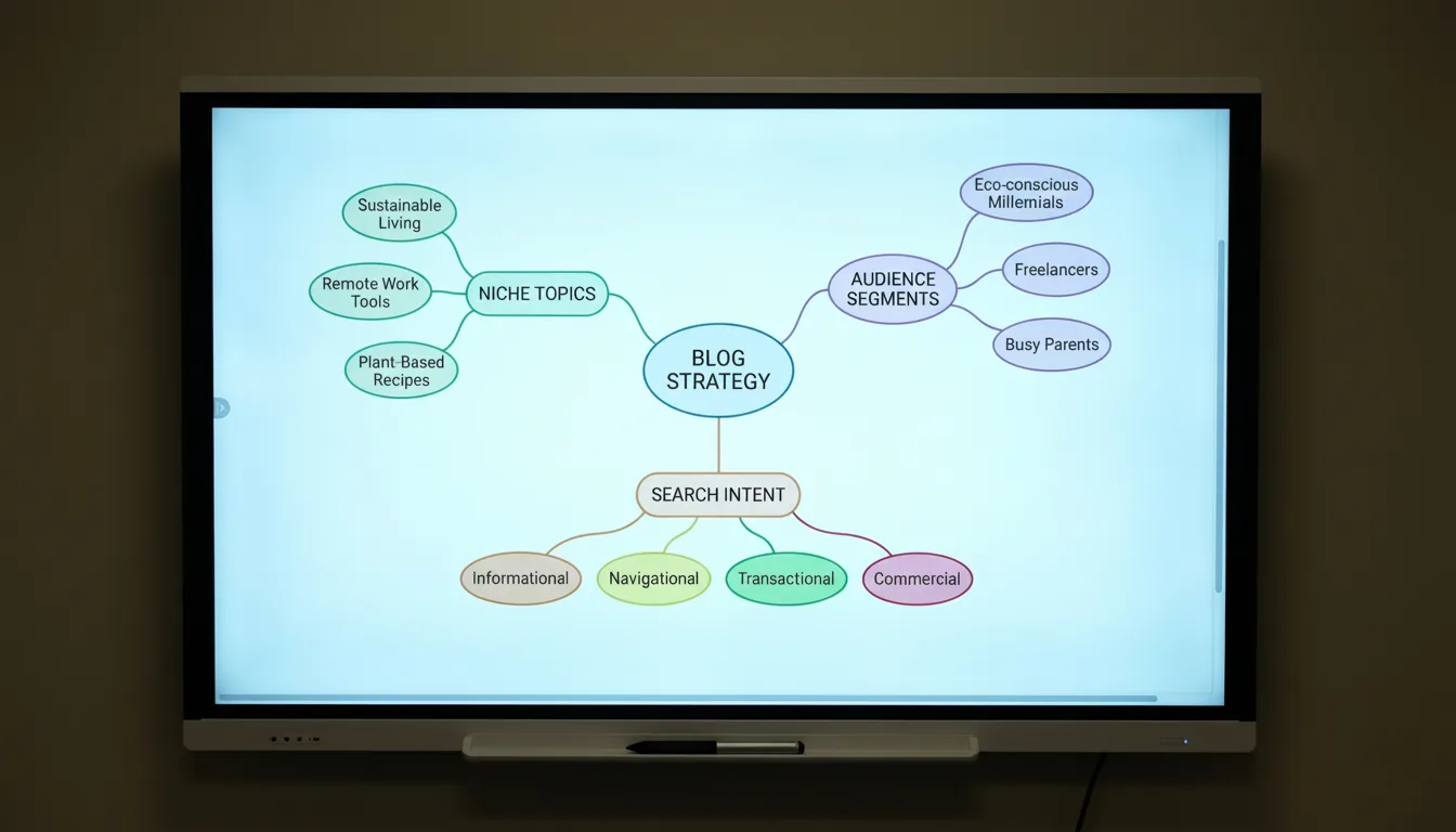 Visual mind map of a simple ai seo workflow for beginners 2026 with niche topics, user personas, and search intent categories.