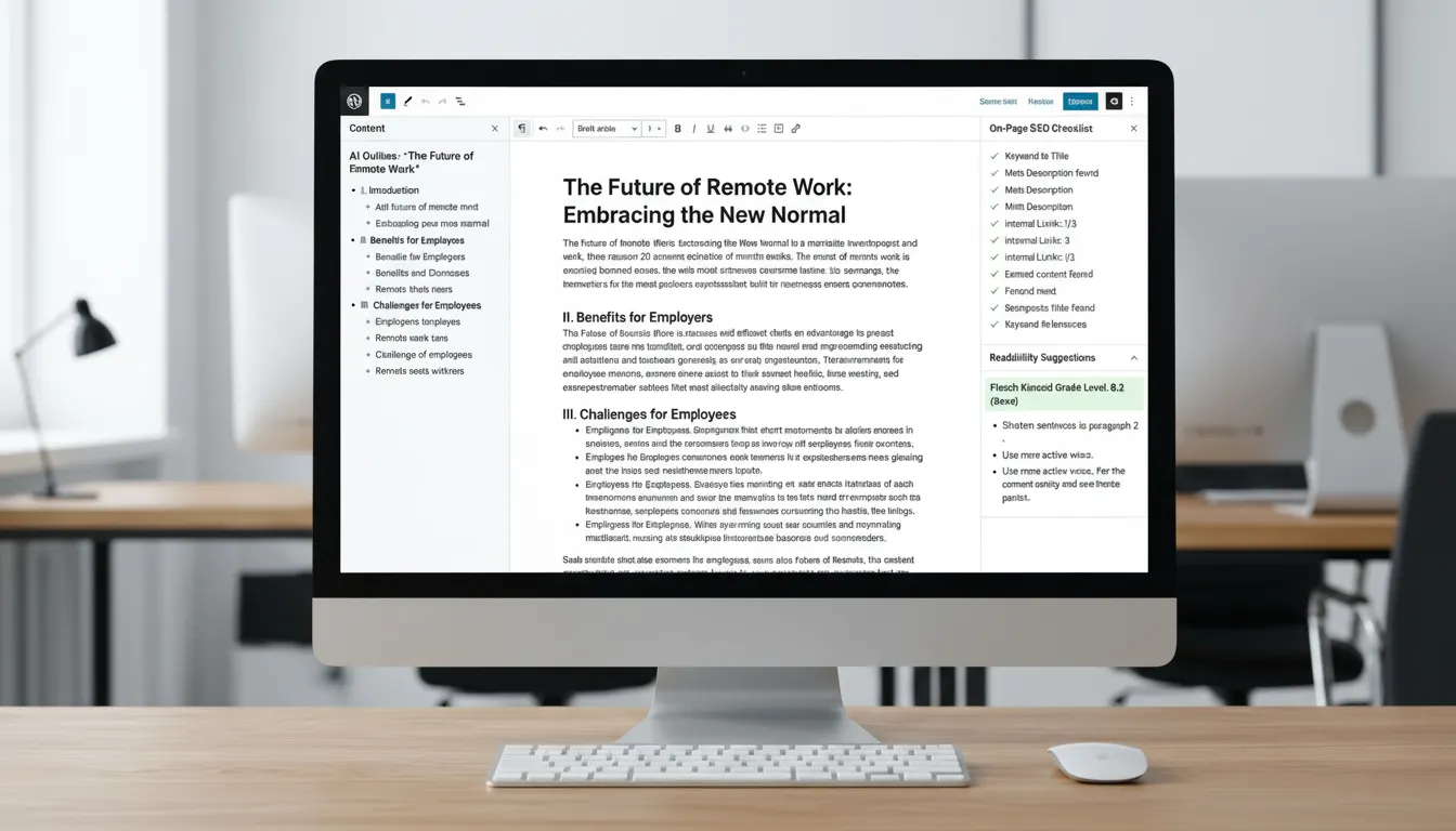 Writer refining an ai seo workflow for beginners 2026 using an AI content outline with SEO recommendations in a web editor.