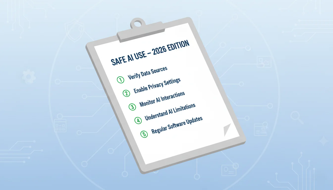 daily safe AI checklist graphic for beginners in 2026.