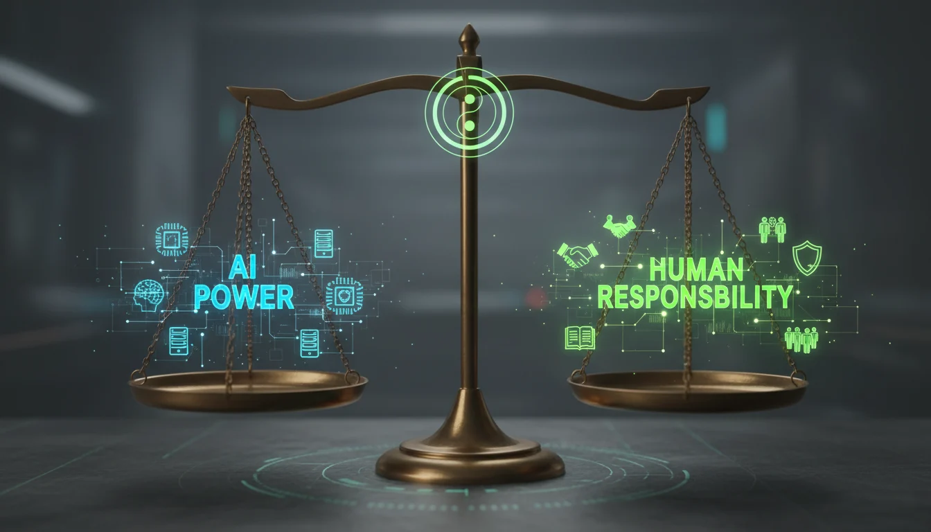 illustration showing balance between AI capabilities and human responsibility while explaining how to use AI safely in 2026.