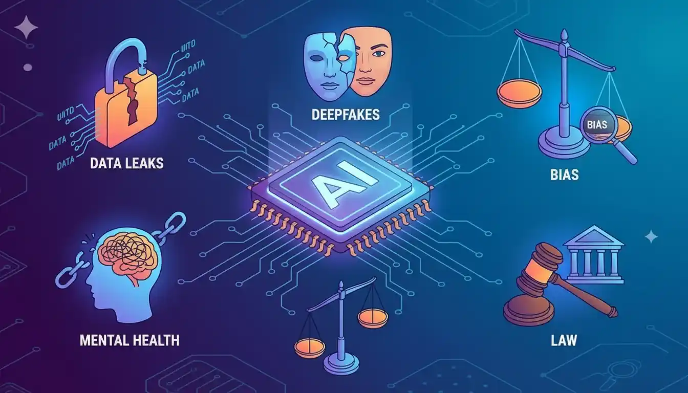 visual summary of main AI risks in 2026 including privacy, deepfakes, compliance, and over‑reliance.