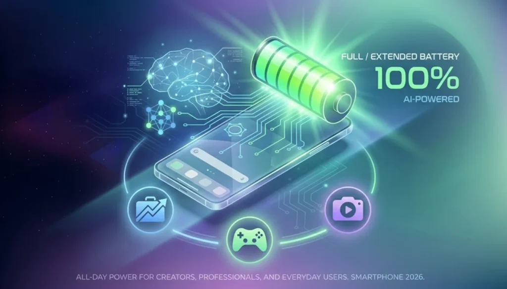 AI for smartphone battery life concept cover image showing a 2026 smartphone with glowing full battery and AI neural circuits optimizing all-day power.