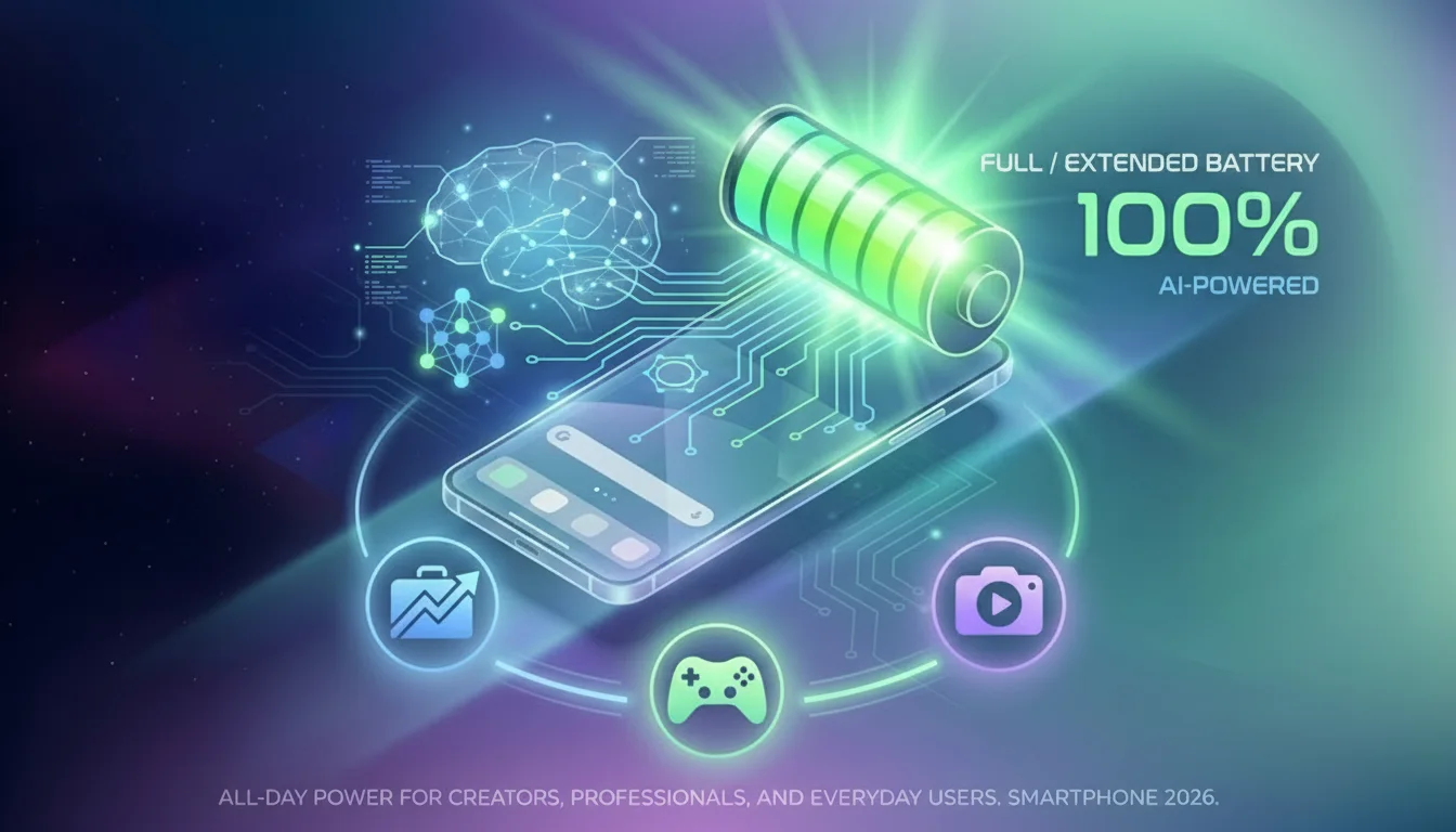 AI for smartphone battery life concept cover image showing a 2026 smartphone with glowing full battery and AI neural circuits optimizing all-day power.
