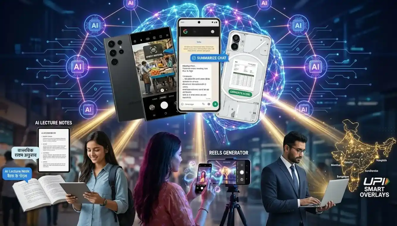 AI native smartphones 2026 India revolution - Galaxy S26 Ultra, Pixel 11, Nothing Phone 3 with on-device AI features powering Indian students, creators, and professionals through neural network connections and Hinglish smart interfaces
