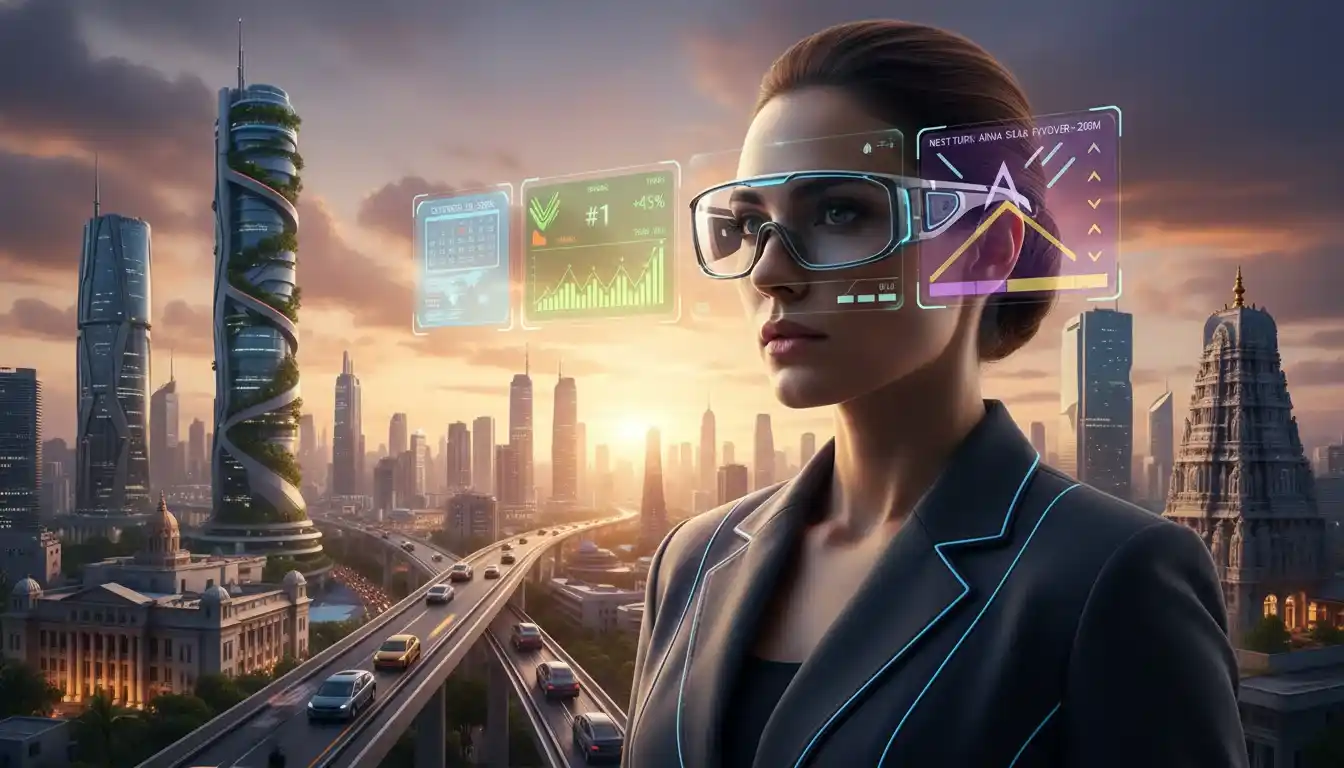AI smart glasses 2026 transforming productivity with AR smart glasses overlays in urban professional environments.