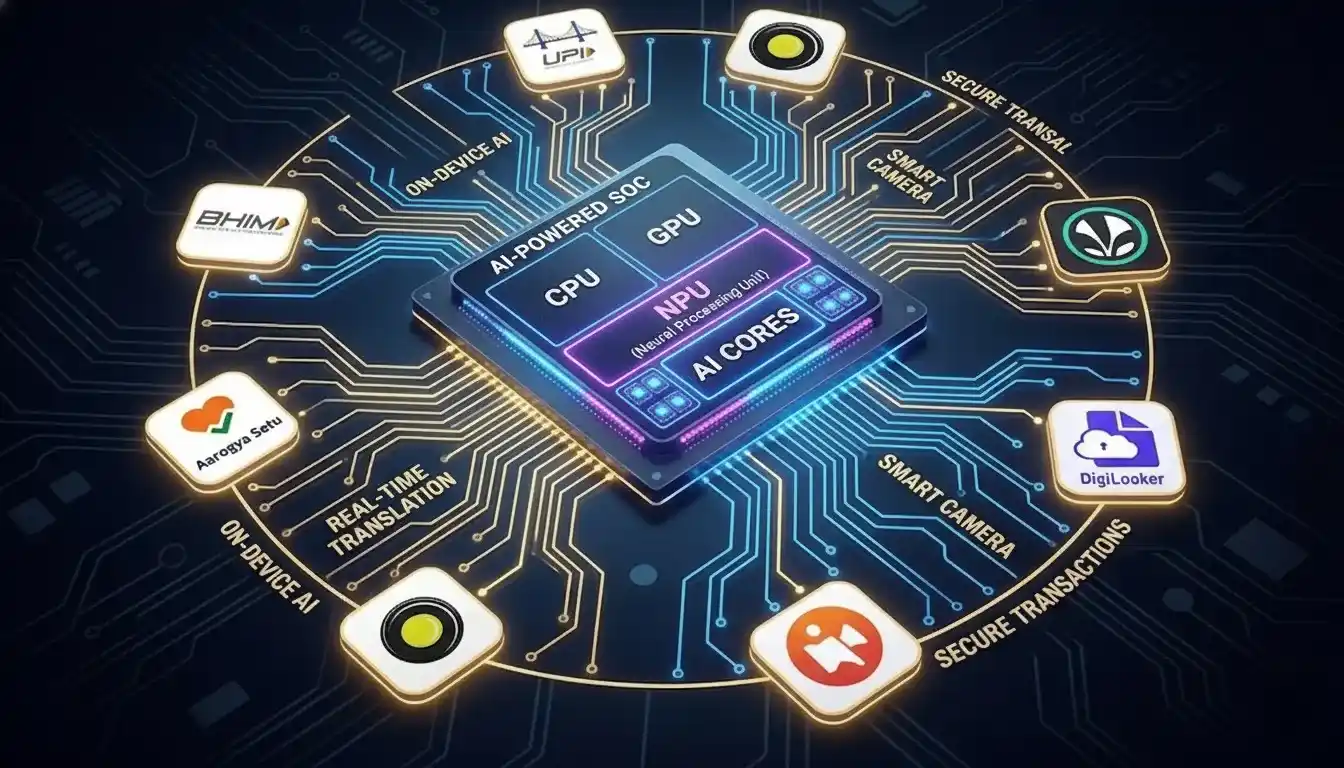 Anatomy of AI native smartphone 2026 chipset showing dedicated on-device AI processing cores optimized for Indian apps.