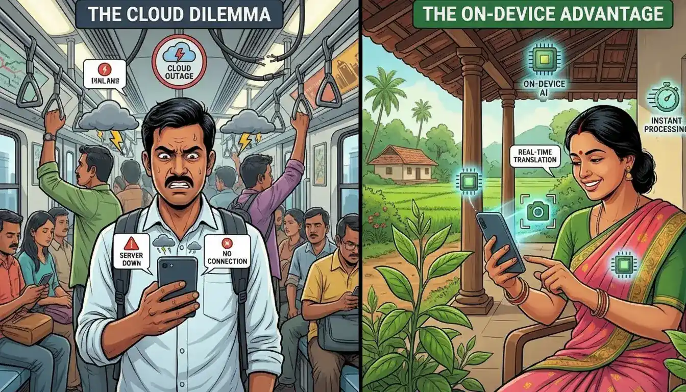 Comparison of cloud vs on device AI phones 2026 during poor connectivity across Indian metro and rural scenarios.